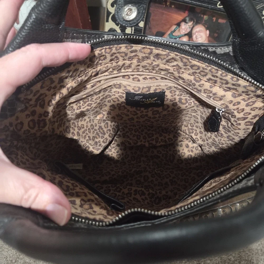 Isabella Adams Gray Black Python Print Leather Satchel Handbag Whipstitch Zip...